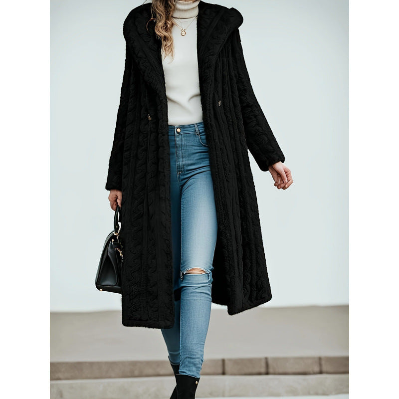Damen Langer Kapuzen-Teddy-Mantel mit Zopfstrick-Optik Shop Nory