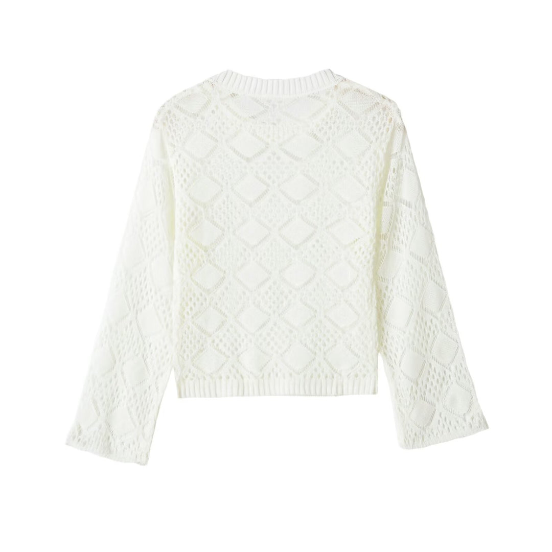 Damen Lochstrick-Pullover mit Rautenmuster und Rundhalsausschnitt Shop Nory