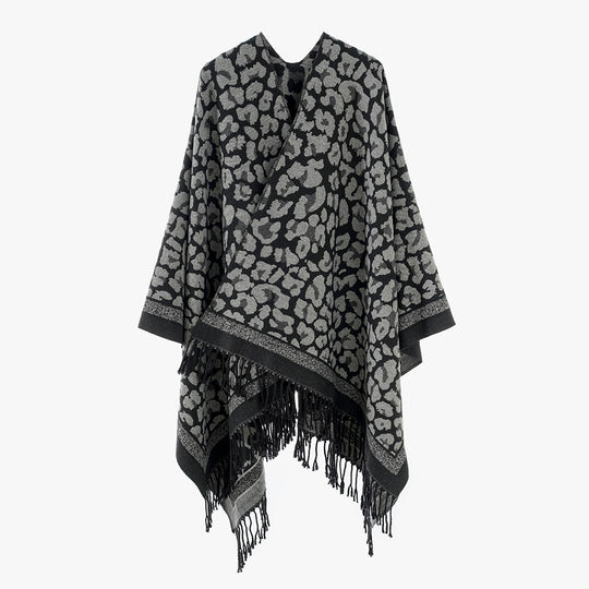 Damen Jacquard‑Poncho mit Leopardenmuster, Fransen und offenem Oversize‑Schnitt Shop Nory