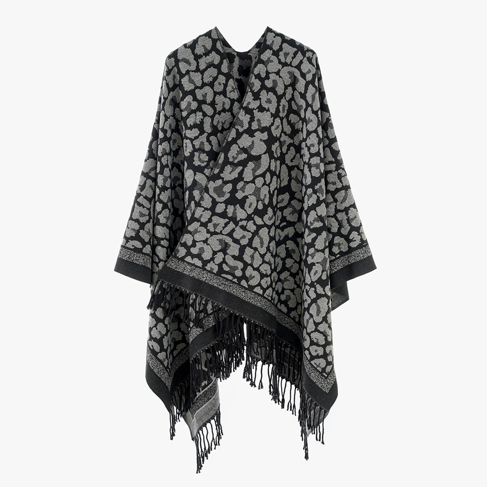 Damen Eleganter Jacquard-Überwurf mit Leopardenjacquard und Fransen Shop Nory