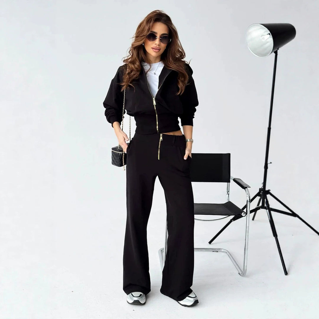 Damen tailliertes Zip-Hoodie und ausgestelltes High-Waist-Hose Lounge-Set Shop Nory