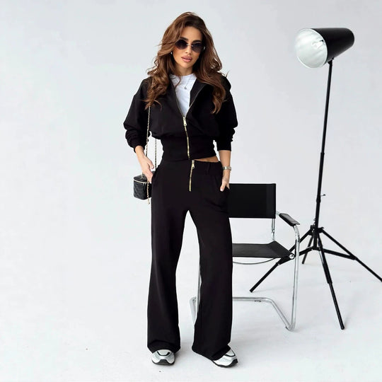 Damen tailliertes Zip-Hoodie und ausgestelltes High-Waist-Hose Lounge-Set Shop Nory