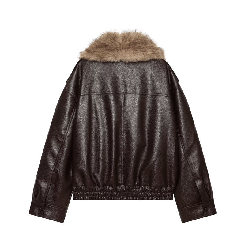 Damen Kurz geschnittene Lederjacke mit vollem Pelzkragen und elastischem Saum Shop Nory