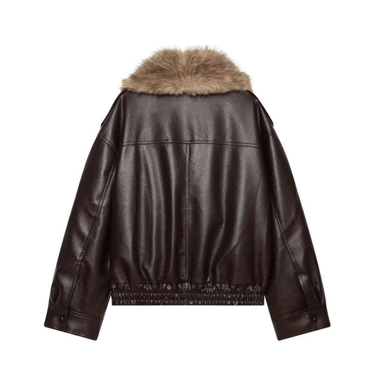Damen Kurz geschnittene Lederjacke mit vollem Pelzkragen und elastischem Saum Shop Nory