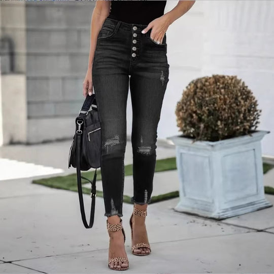 Damen Hochtaillierte Skinny-Jeans mit sichtbarer Knopfleiste, Destroyed-Kniepartien und rohem Knöchel-Saum Shop Nory