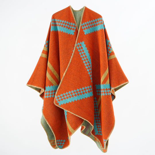 Damen Oversize-Umhangponcho aus Wollmix mit geometrischem Jacquard und Ziernaht Shop Nory
