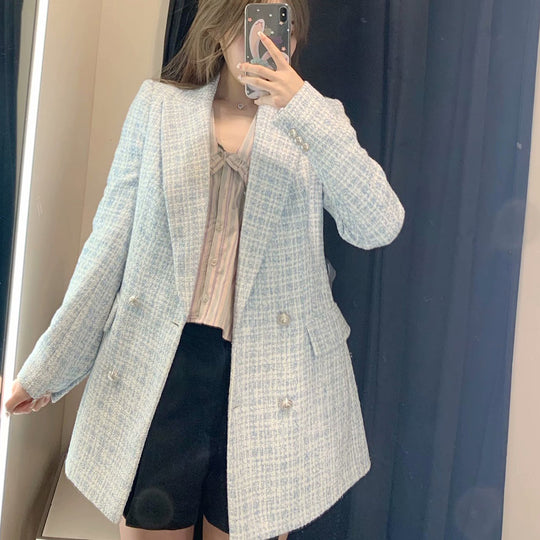 Damen Zweireihiger Bouclé-Blazer mit taillierter Silhouette und Pattentaschen Shop Nory