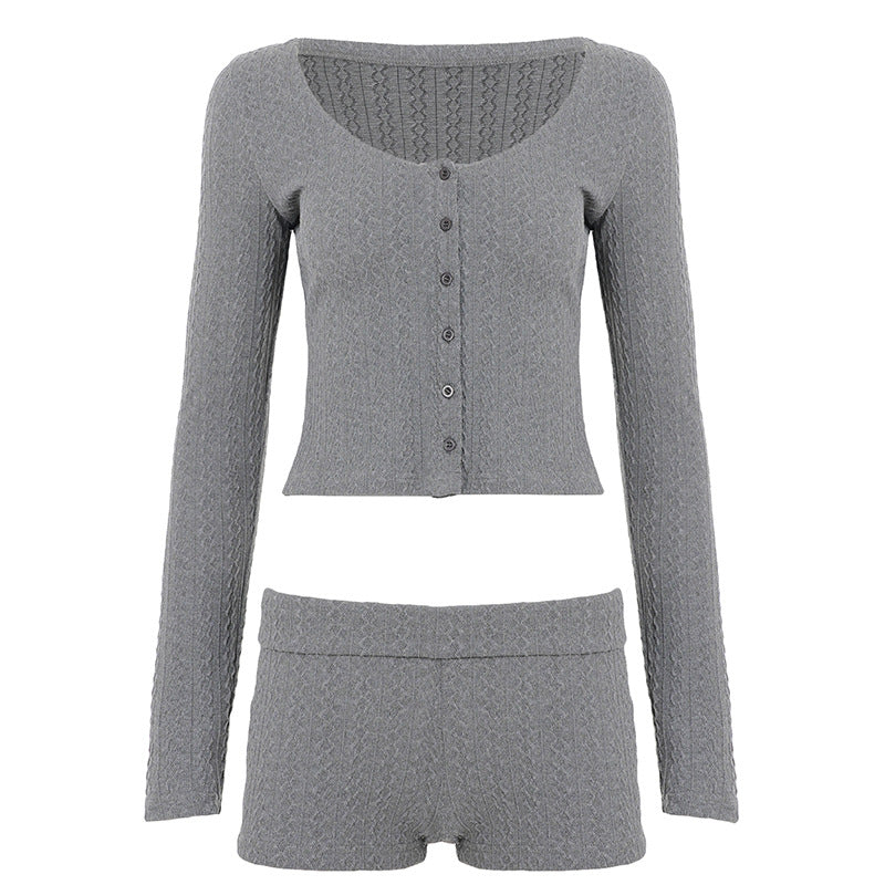 Damen nan geripptes Lounge-Set mit U-Ausschnitt Cropped-Cardigan und Highwaist-Shorts Shop Nory