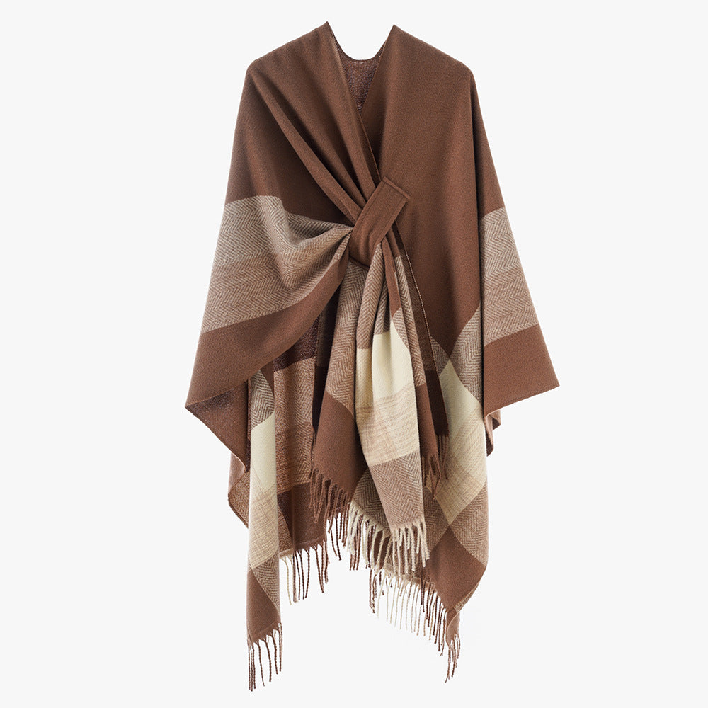 Damen Cape‑Poncho aus Wollmix mit Schlitzgürtel, geometrischem Jacquard und Fransensaum Shop Nory