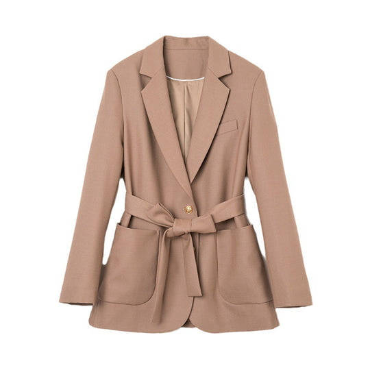 Damen Taillierter Mantelblazer mit Bindegürtel, Pattentaschen und Reverskragen Shop Nory