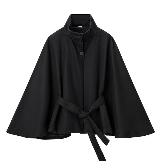Damen Kurzer Cape-Mantel mit Stehkragen, verdeckter Knopfleiste und Bindegürtel Shop Nory