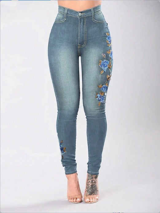 Damen Hochtaillierte Sculpting-Skinny-Jeans mit seitlicher Blumenstickerei Shop Nory