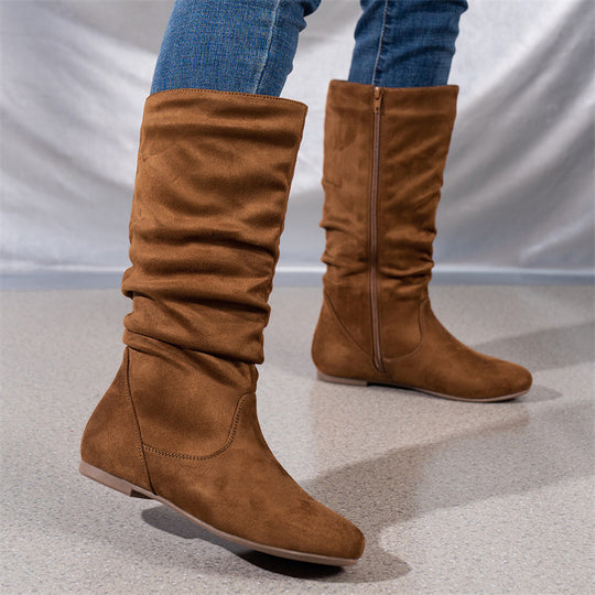 Damen Slouch-Stiefel mit flachem Absatz, seitlichem Reißverschluss und weichem Velours Shop Nory