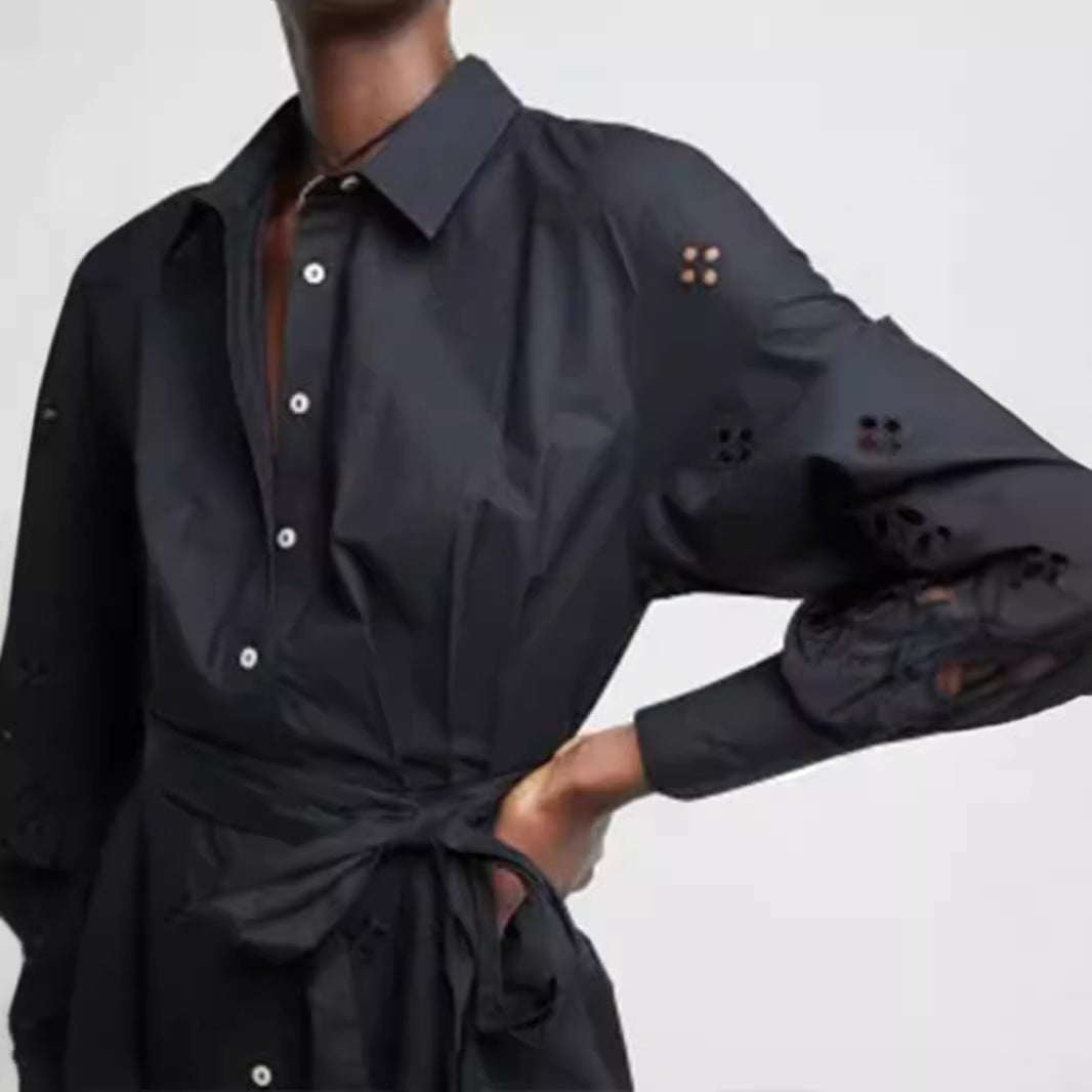 Damen Hemdblusenkleid mit Lochstickerei und Taillengürtel Shop Nory