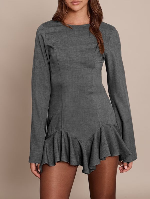 Damen Figurbetontes Langarm-Minikleid mit taillierten Nähten und Volant-Saum Shop Nory