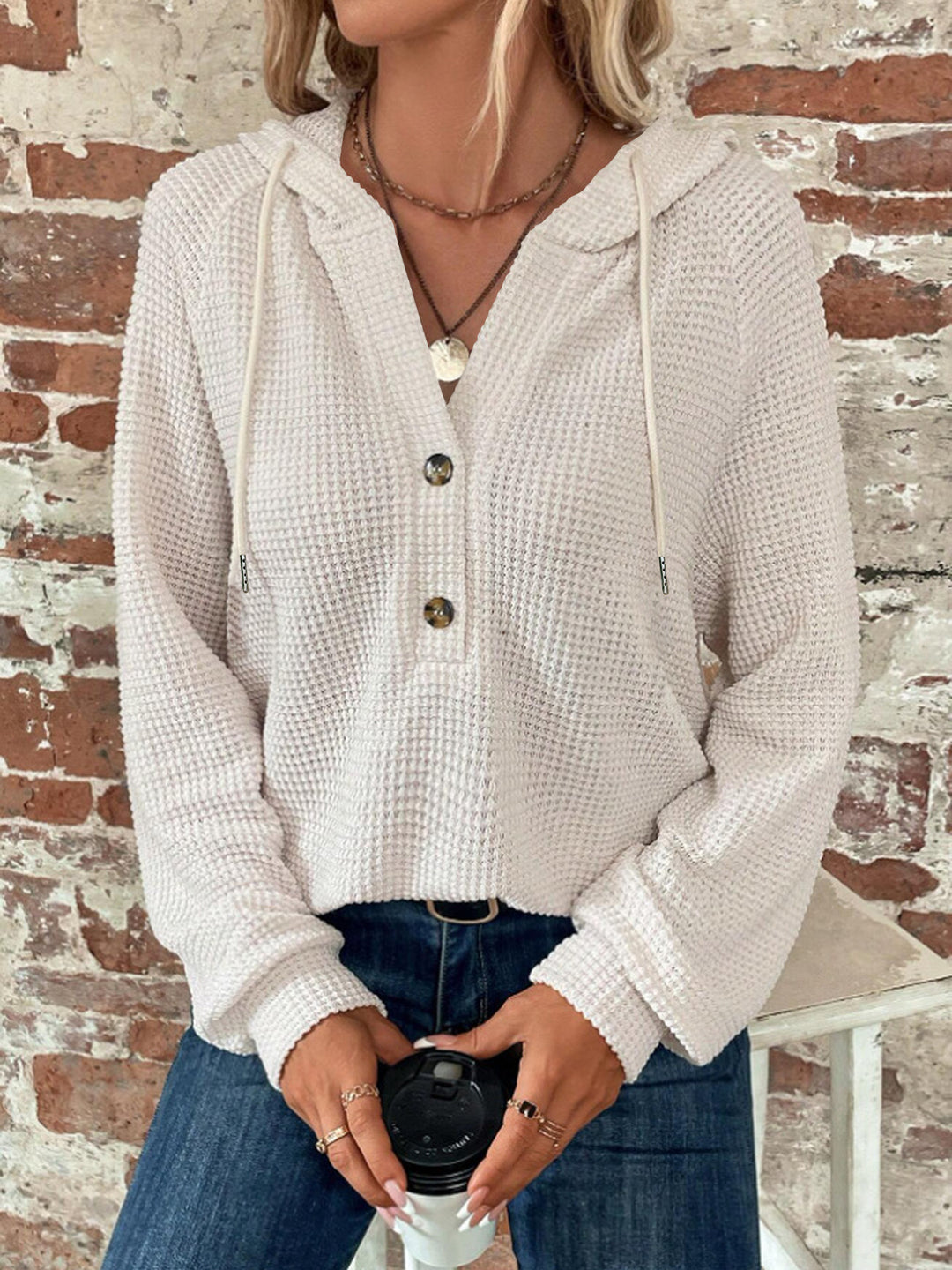 Damen Waffelstrick Kapuzenpullover mit Knopfleiste und Rüschenkragen Shop Nory
