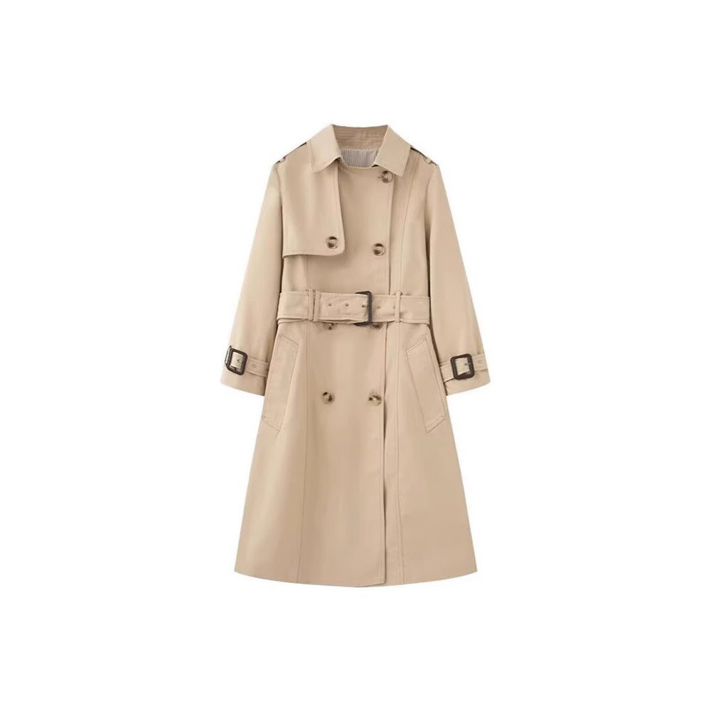 Damen Langer taillierter Trenchcoat mit doppelreihiger Knopfleiste, Taillengürtel und Ärmelriegel Shop Nory