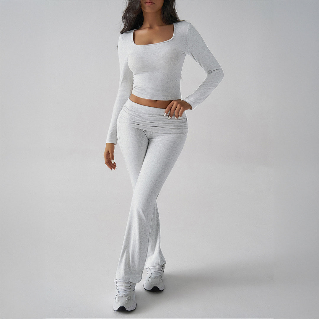 Damen nan figurbetontes Cropped-Set mit langärmeligem Top mit quadratischem Ausschnitt und ausgestellter High‑Waist Yoga-Hose Shop Nory
