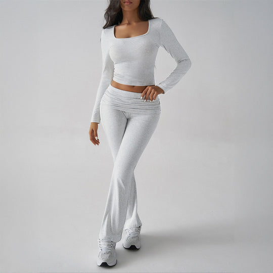 Damen nan figurbetontes Cropped-Set mit langärmeligem Top mit quadratischem Ausschnitt und ausgestellter High‑Waist Yoga-Hose Shop Nory
