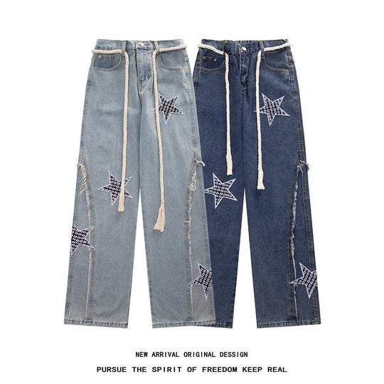 Damen Weite High‑Waist Denimhose mit Stern‑Applikationen, Fransen‑Seitenschlitzen und Kordelbund Shop Nory