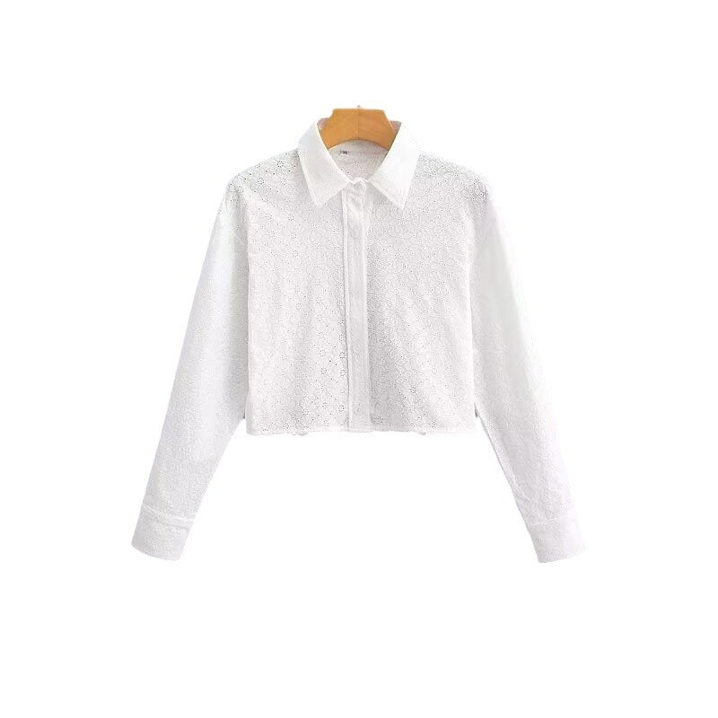 Damen Kurzgeschnittene Lochstickerei-Bluse mit Hemdkragen und langen Schnürbändern Shop Nory