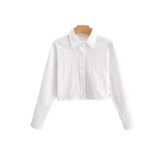 Damen Kurzgeschnittene Lochstickerei-Bluse mit Hemdkragen und langen Schnürbändern Shop Nory
