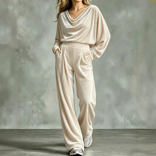 Damen Samt-Loungewear-Set mit Wasserfallkragen, weitem Palazzo-Schnitt und Eingrifftaschen Shop Nory
