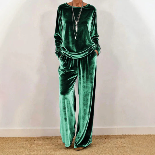 Damen Samt-Loungewear-Set mit weitem Bein, elastischem Bund und Rundhalsausschnitt Shop Nory