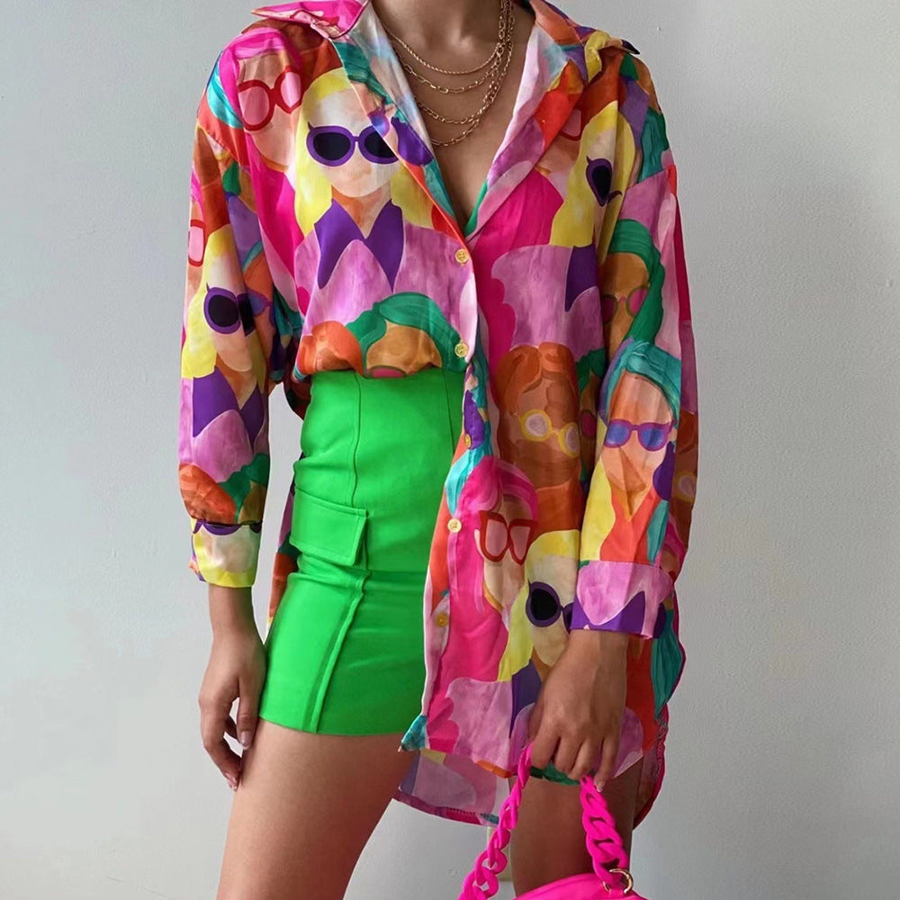 Damen Oversized Bluse mit buntem Grafikdruck