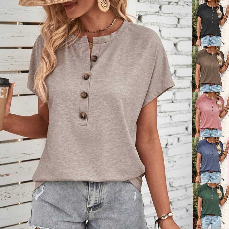 Damen lässiges T-Shirt mit Knopfleiste und kurzem Ärmel