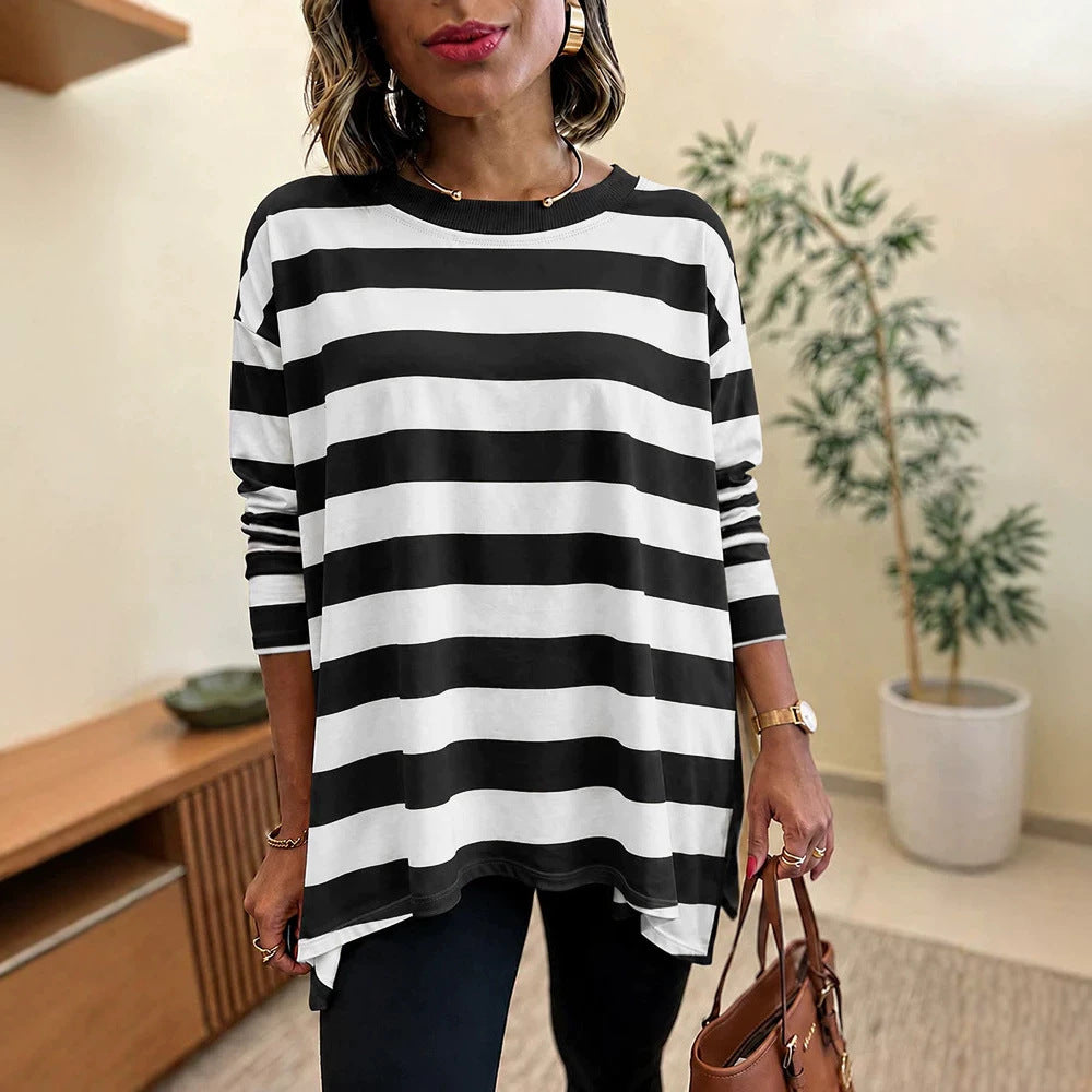 Damen Oversized Streifen-Longsleeve mit Rundhalsausschnitt und abgerundetem Saum Shop Nory