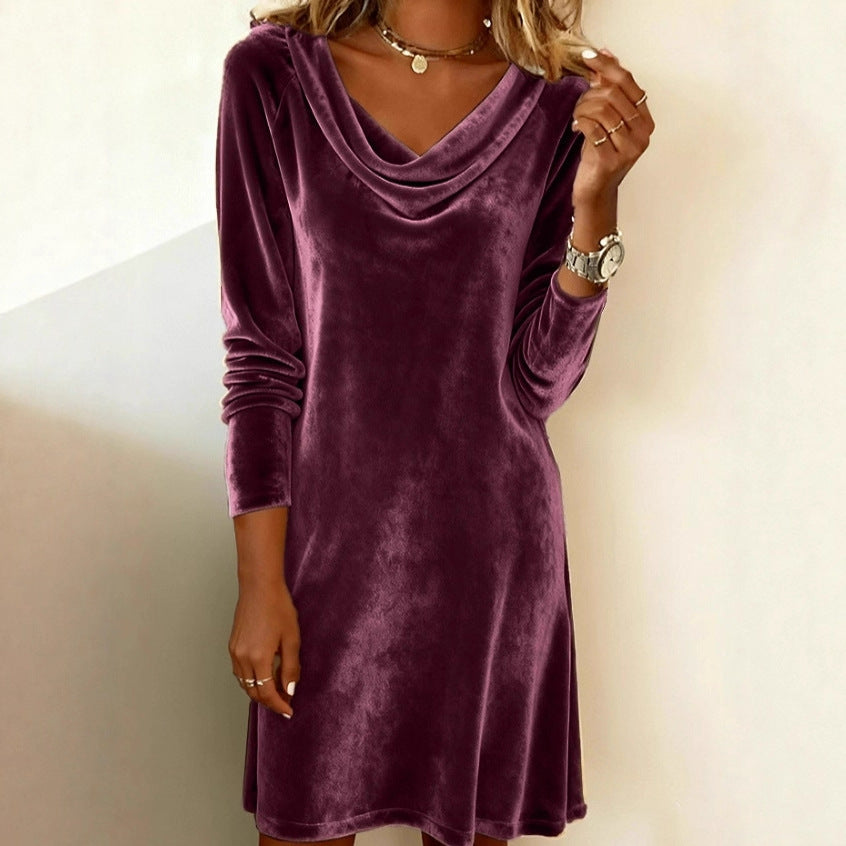 Damen Samt-Kleid mit Wasserfallkragen und lässiger A‑Linie Shop Nory