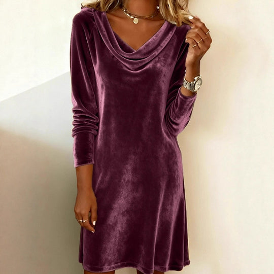 Damen Samt-Kleid mit Wasserfallkragen und lässiger A‑Linie Shop Nory