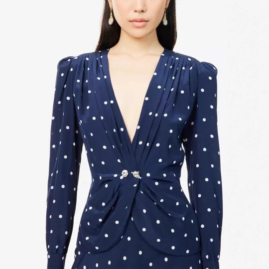 Damen Midikleid mit Punkteprint, tiefem V‑Ausschnitt, Wickelraffung und langen Ärmeln Shop Nory