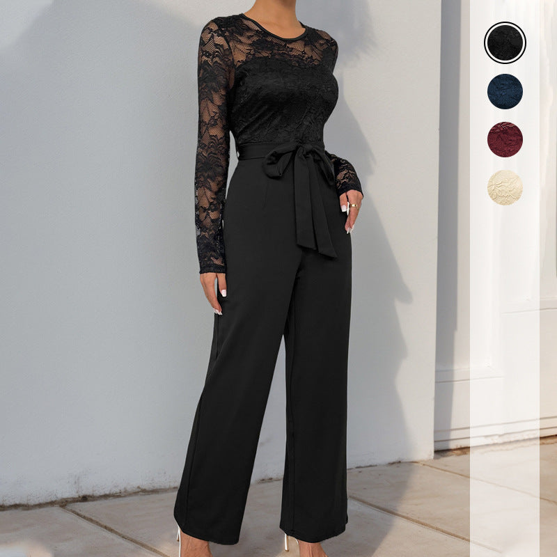 Damen Spitzen-Einteiler mit Taillengürtel und weitem Bein Shop Nory