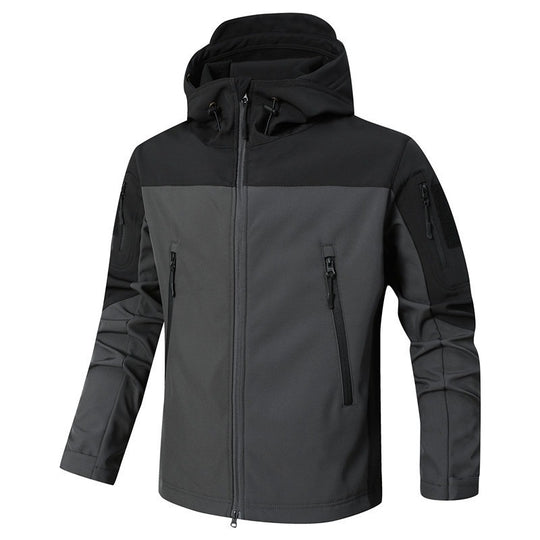 Herren Softshell-Outdoorjacke mit taktischer Ärmeltasche, verstellbarer Kapuze und wasserabweisender Membran Shop Nory