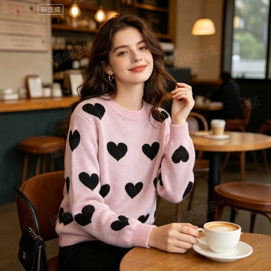 Damen Oversize-Strickpullover mit Herz‑Jacquard und Rundhalsausschnitt Shop Nory