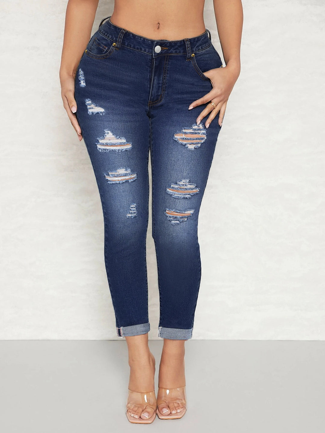 Damen Hochtaillierte Skinny-Jeans mit Destroyed-Einsätzen und umgeschlagenem Saum Shop Nory