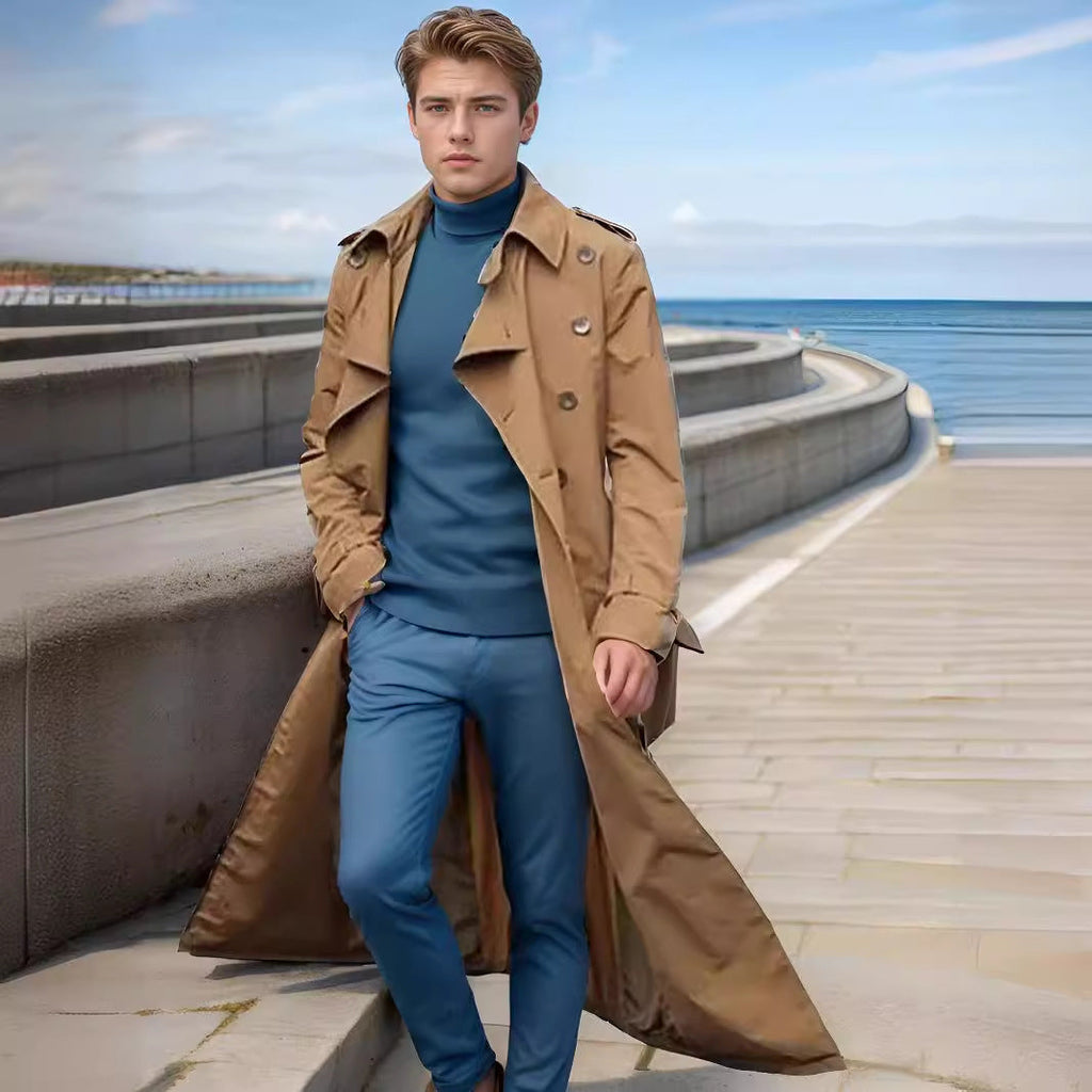 Herren langer Trenchcoat mit modernem Schnitt und praktischen Taschen