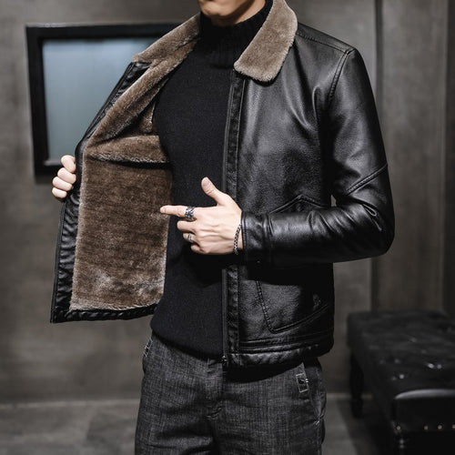 Herren Premium Kunstleder‑Fliegerblouson mit kontrastierendem Teddykragen und verdeckter Reißverschlussleiste Shop Nory