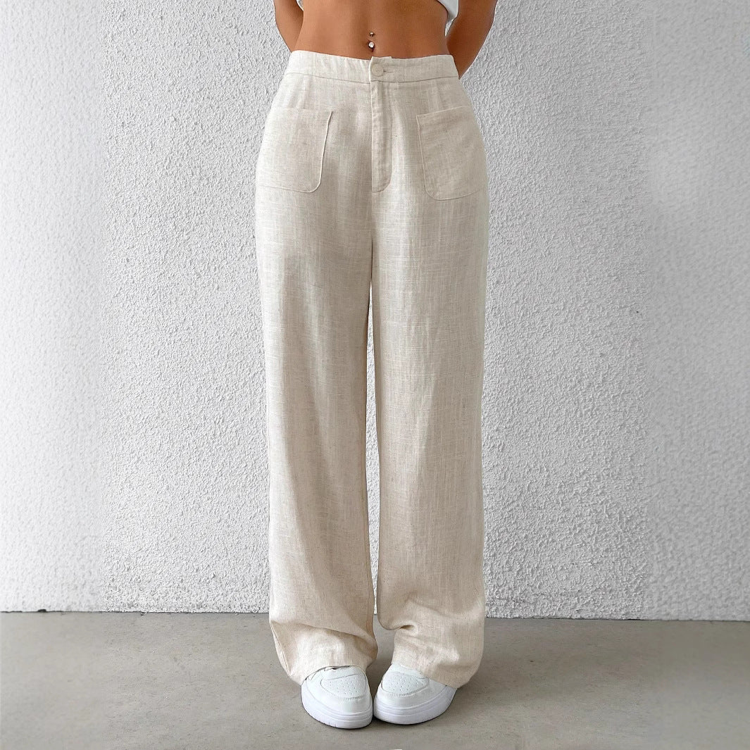 Damen Hochtaillierte Leinenlook Palazzo-Hose mit aufgesetzten Taschen Shop Nory