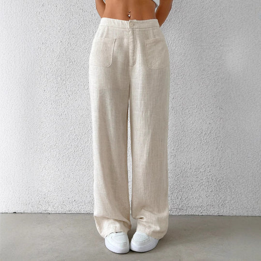 Damen Hochtaillierte Leinenlook Palazzo-Hose mit aufgesetzten Taschen Shop Nory