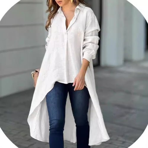 Damen Leichte Leinen‑Tunika‑Bluse mit asymmetrischem High‑Low‑Schwanz und Hemdkragen Shop Nory