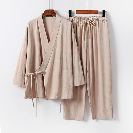 Unisex Leichtes Kimono-Lounge-Set aus weichfallendem Baumwoll-Mix mit Tunnelzughose Shop Nory
