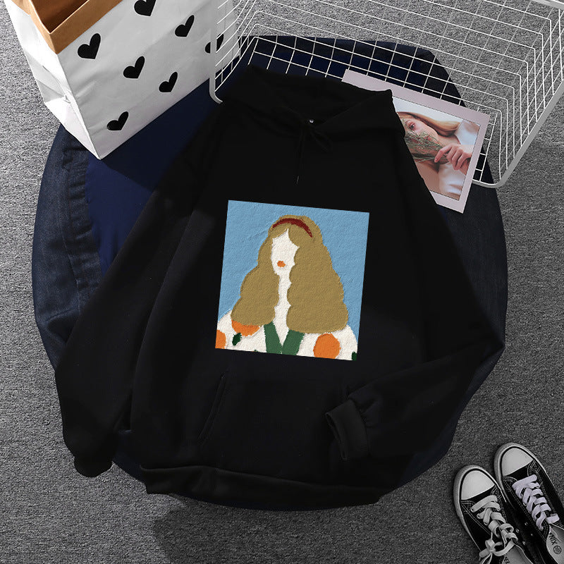 Damen nan Kapuzenpullover mit kunstvoller Chenille-Stickerei im Portraitstil und Kängurutasche Shop Nory