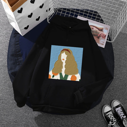 Damen nan Kapuzenpullover mit kunstvoller Chenille-Stickerei im Portraitstil und Kängurutasche Shop Nory