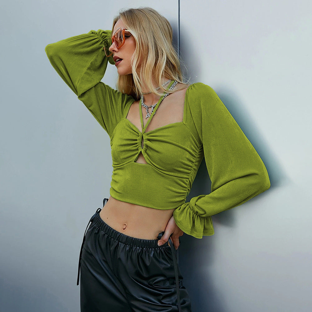 Damen gerafftes Crop-Top mit Herz-Bustier, Knoten-Detail und voluminösen Trompetenärmeln Shop Nory