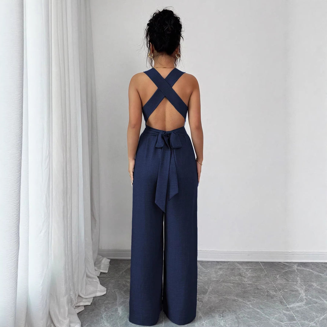 Damen Jumpsuit mit weitem Bein, tailliertem Wickelband und Ösen-Trägern Shop Nory