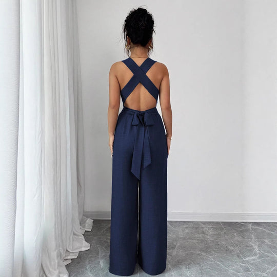 Damen Jumpsuit mit weitem Bein, tailliertem Wickelband und Ösen-Trägern Shop Nory