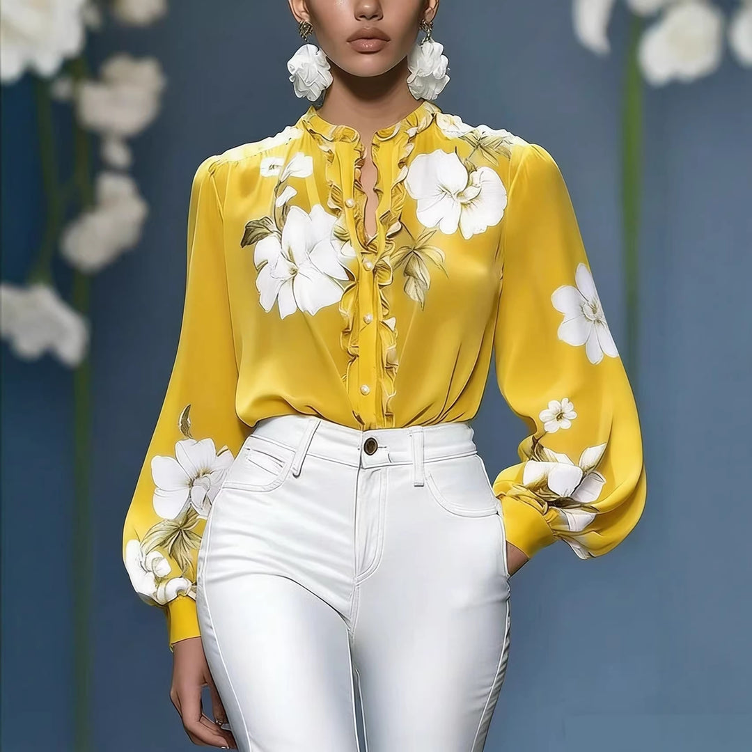 Damen Seidenbluse mit Rüschenblende und floraler Applikation Shop Nory